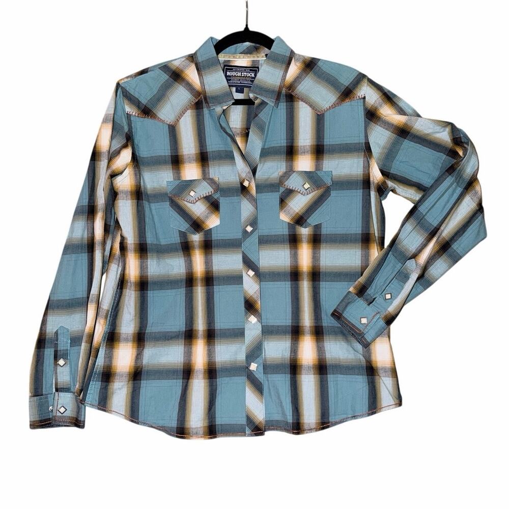 Rough stock blue plaid snap front long sleeve shirt large western 100% cotton